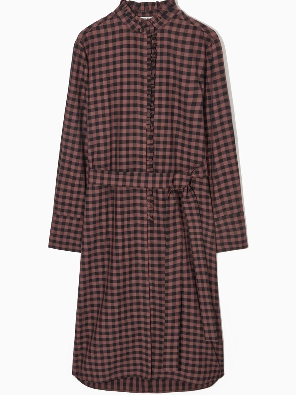 COS Ruffle Belted Midi Shirt Dress Brown Black Gingham Check Long Sleeve 8